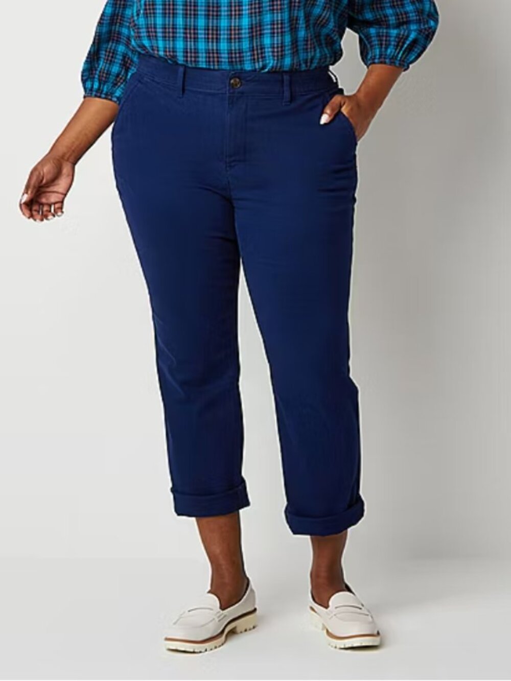 St John’s Bay Girlfriend Chino Pants Women 20 Blue Mid Rise Stretch Cotton Twill